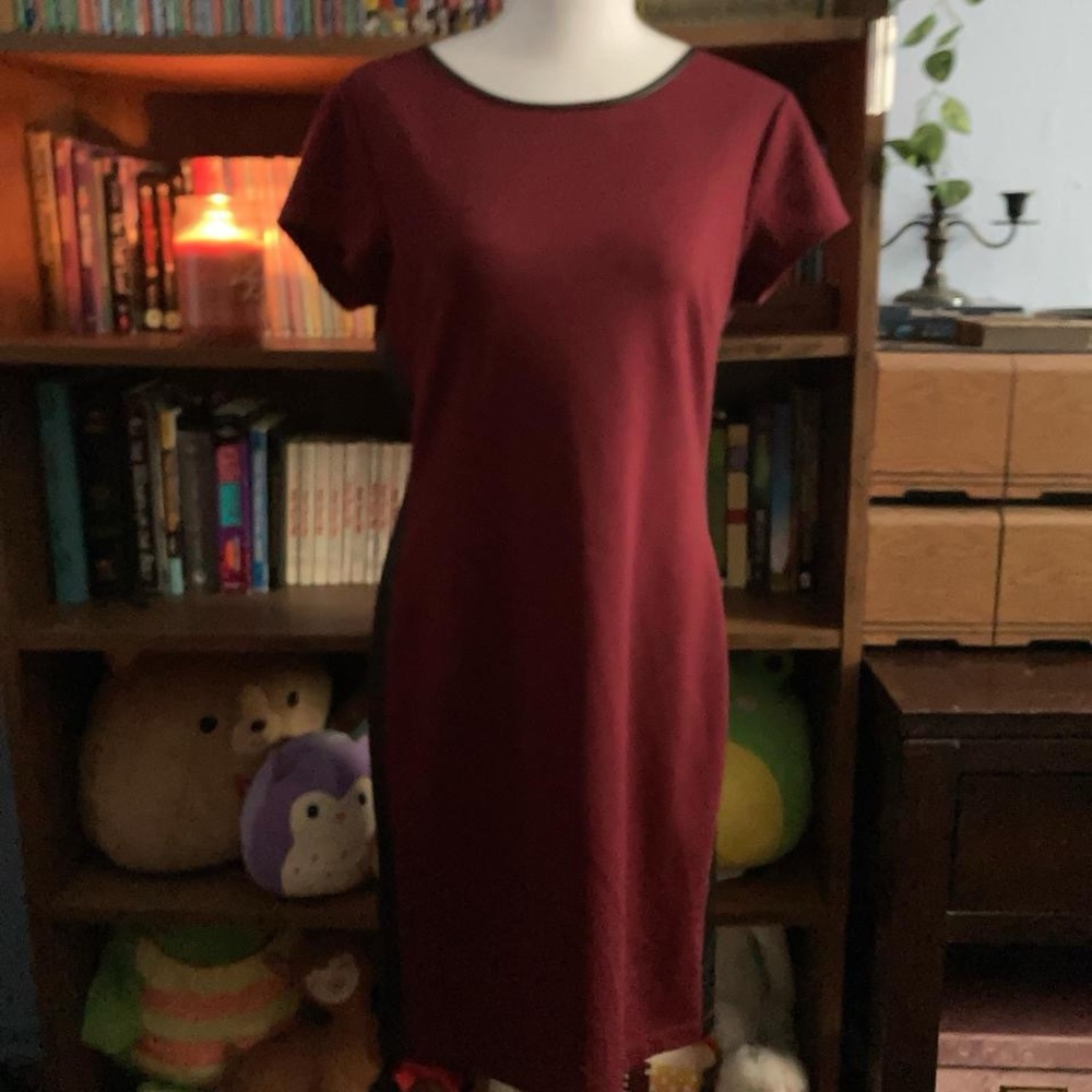 Versona Wine Midi Sheath Dress with black faux leather stripes down sided